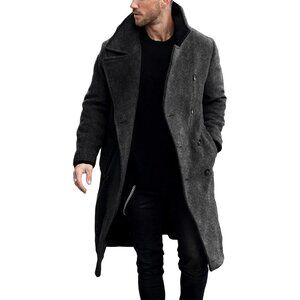 Mens Dark Grey Double Breasted Casual Lapel Collar Business Winter Trench Coat